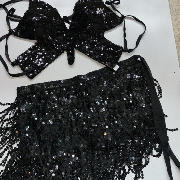 Other - Black 2 pc sequin Butterfly halter top/Wrap skirt coverup set one size N…